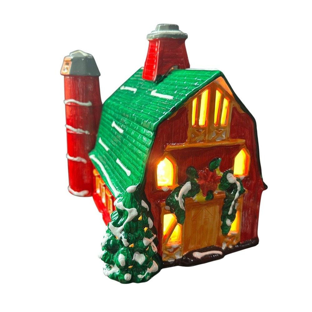 Vtg Christmas Ceramic Red Snow Covered Barn & Silo Light Up Pacific Rim Village